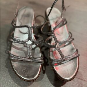 Stuart Weitzman Silver Glitter Caged Wedge Sandals - Size 9